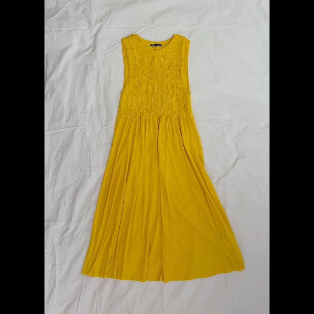 ZARA Bright Canary Yellow Shirred Top Midi Dress Size Medium